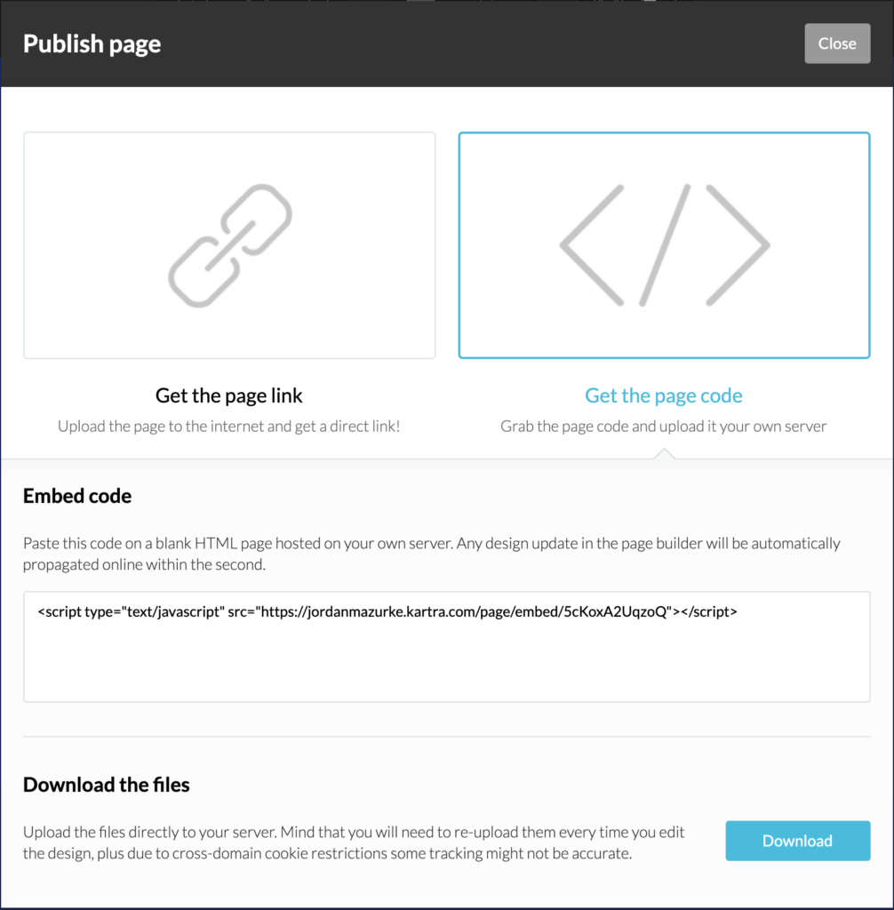 Kartra page publishing - getting the code